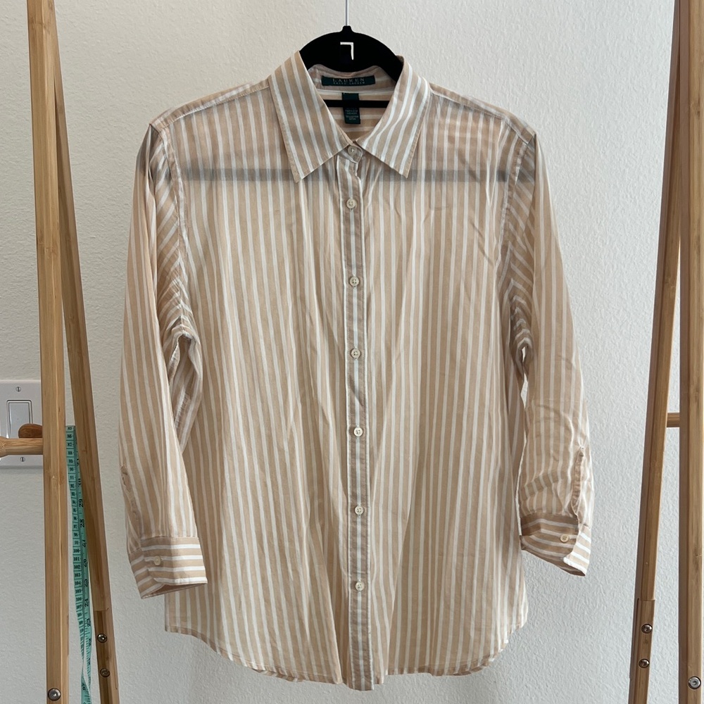 Lauren Ralph Lauren Women's Beige Striped Button Down Shirt
